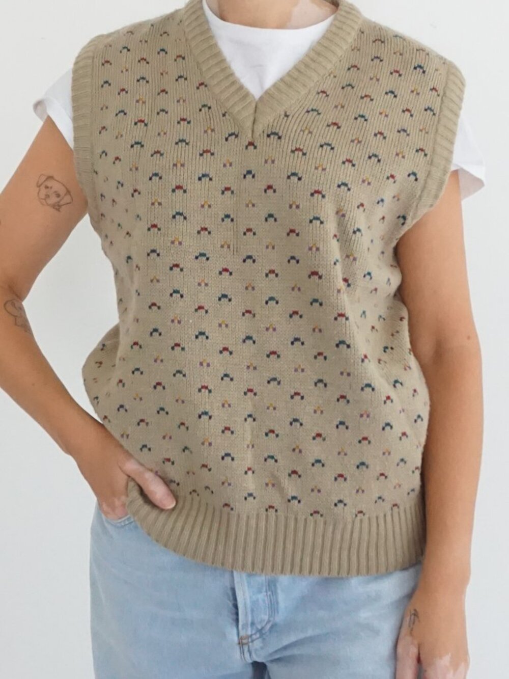 Vintage The Fox Collection Beige Patterned Grandpa Preppy Knit Sweater Vest M